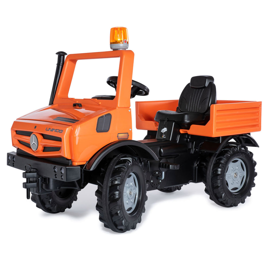 Orange and black ride-on toy truck with steering wheel and amber light, rollyUnimog Service Truck for kids ages 4 to 8.