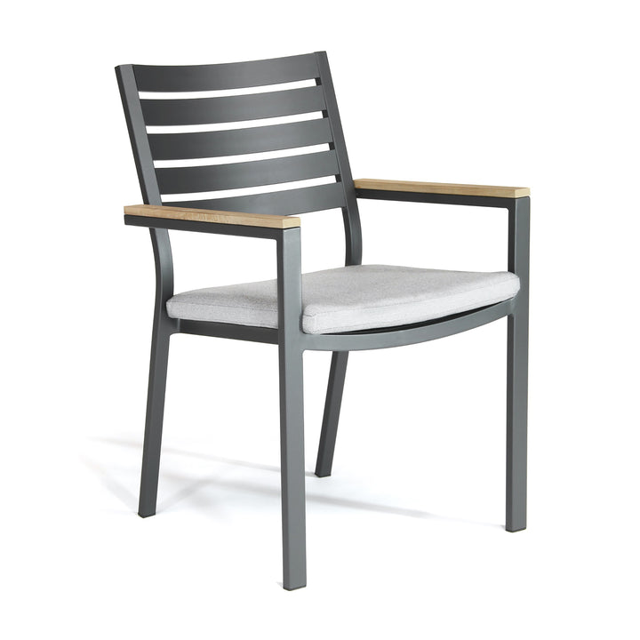 Elba 9-Piece Dining Set charcoal aluminum chair with teak accents and gray foam cushion for outdoor use