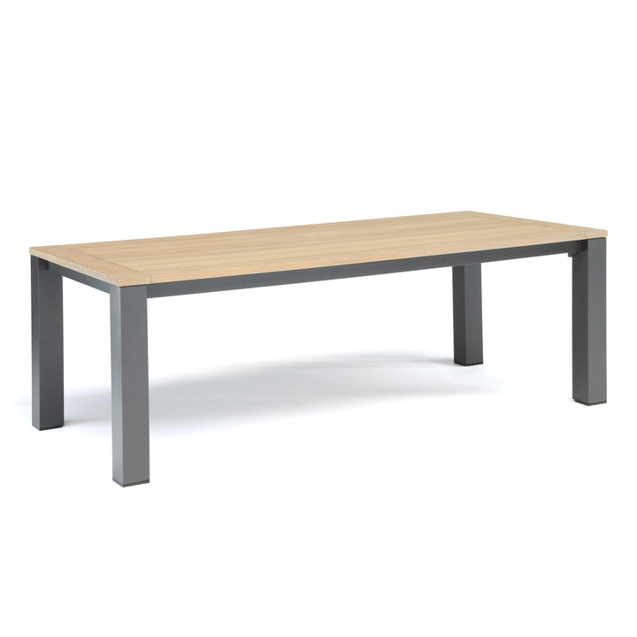 Elba 9-Piece Dining Set teak wood tabletop with weatherproof charcoal aluminum frame, modern rustic outdoor dining table.