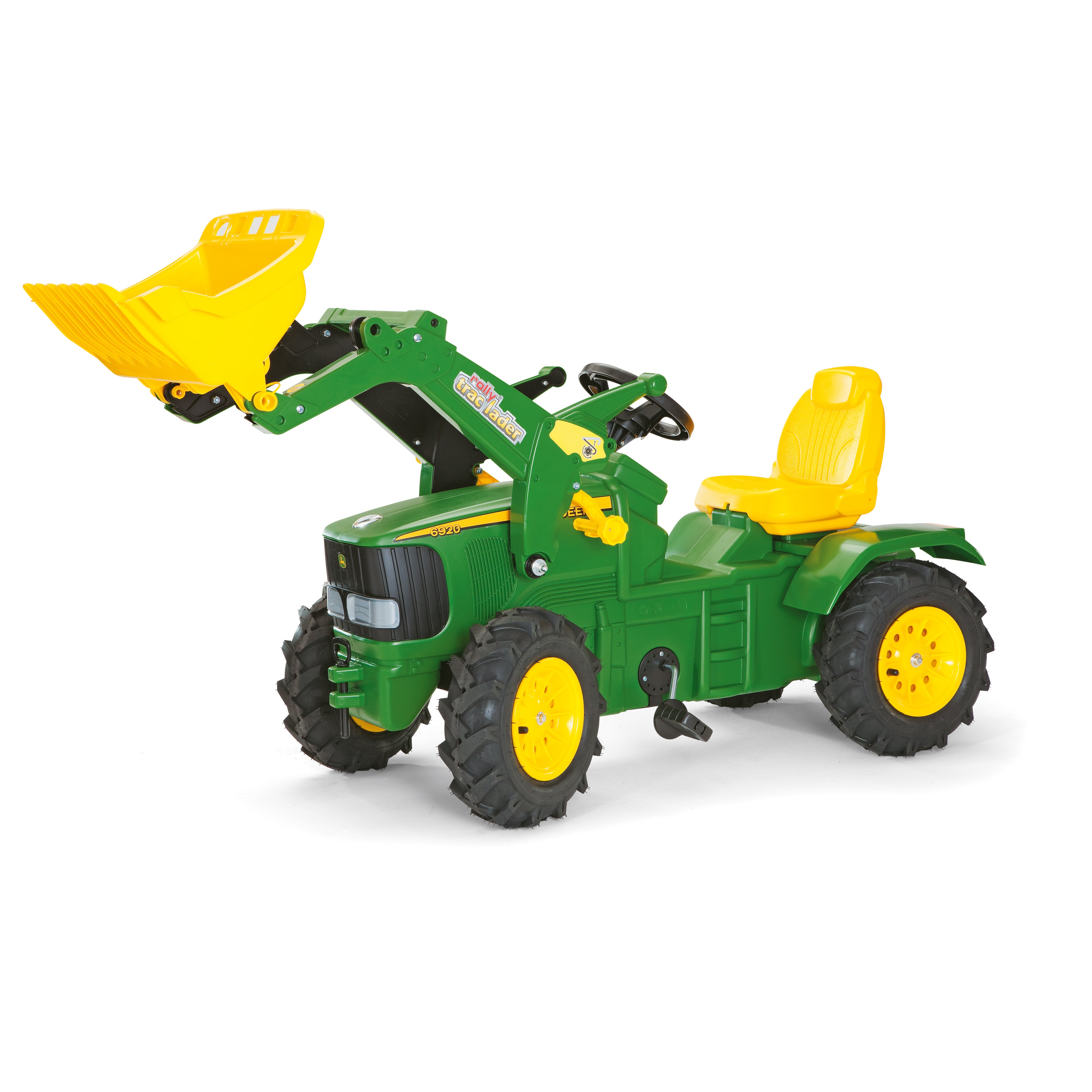Let your child's imagination soar with the John Deere Farm Tractor. This impressive pedal powered ride on tractor comes complete with front loader that can be raised and lowered, scooped and tipped using the levers. The oversized rubber air tires are long lasting and provide a smooth ride.