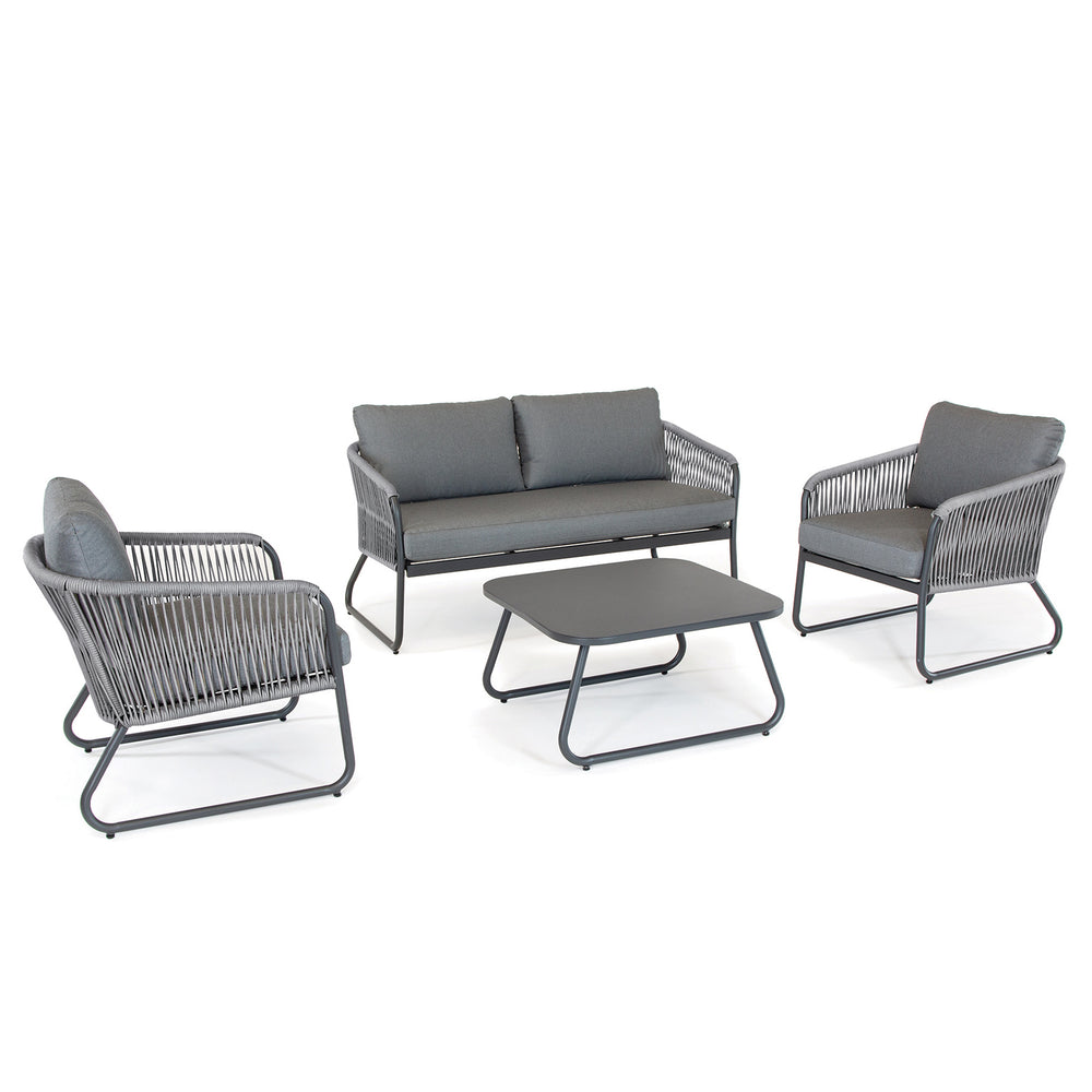 Kingston Aluminum Lounge Set with charcoal aluminum frame, cast slate cushions, loveseat, two chairs, and coffee table.