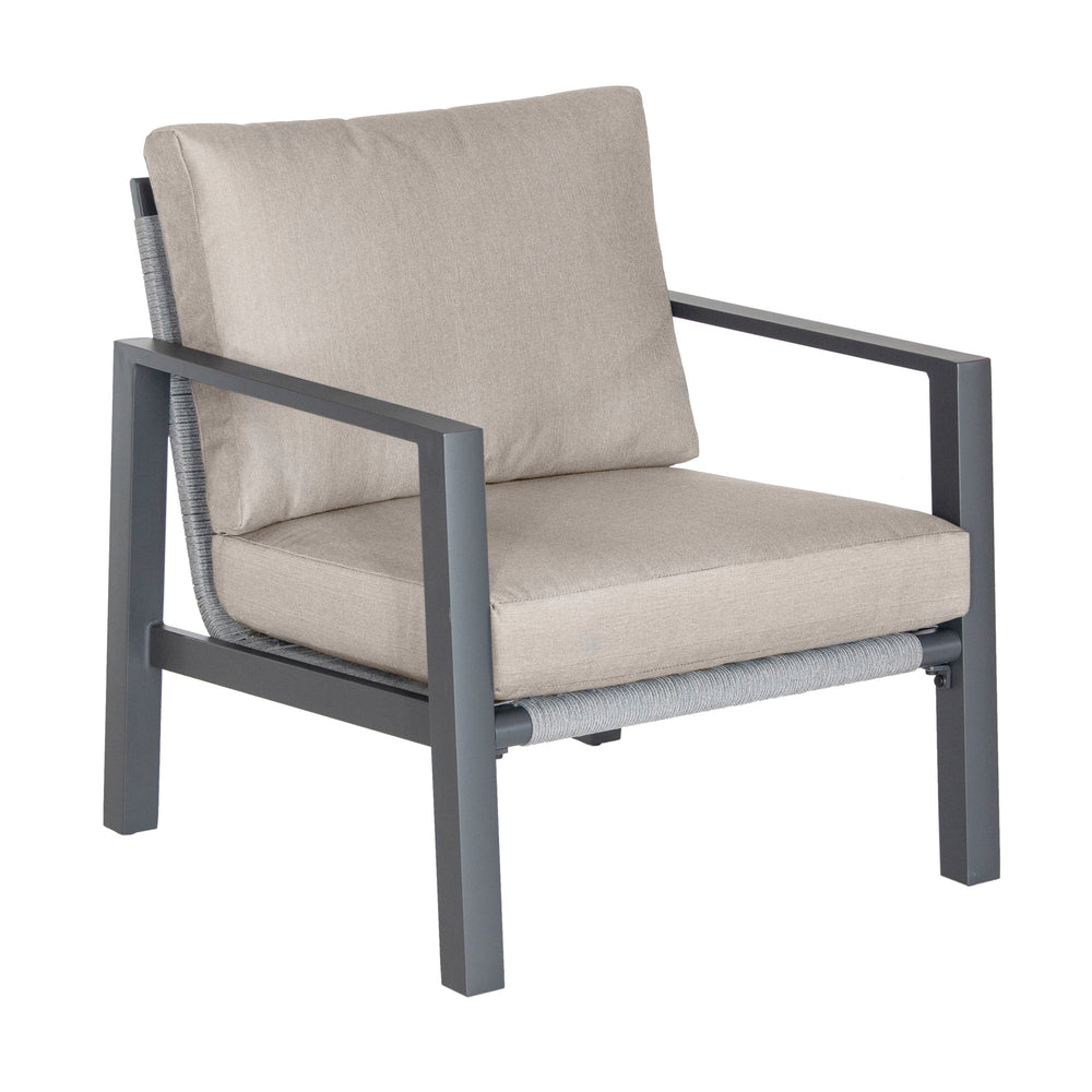 Larno Aluminum Lounge Set single charcoal frame lounge chair with cast silver cushions and weather-resistant materials