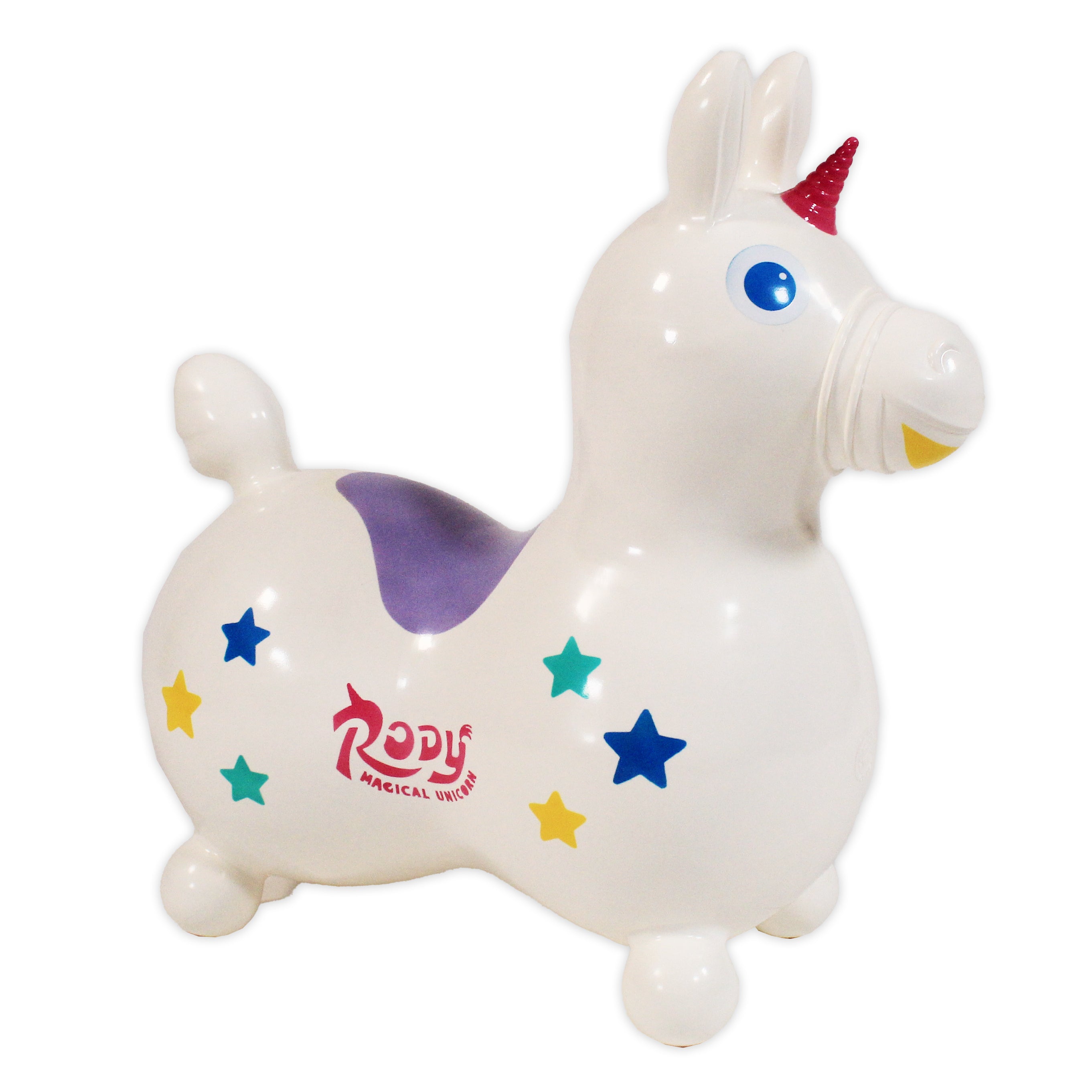 Transform your Rody Magical Unicorn bounce toy into a nice rocking toy thanks to the removable Rocking Base. In this way, you can increase its functions and extend the possibilities of use. The magical horn and the sparkling stars stimulate children’s imagination. The Magical Unicorn helps your child develop balance, movement skills and coordination. 