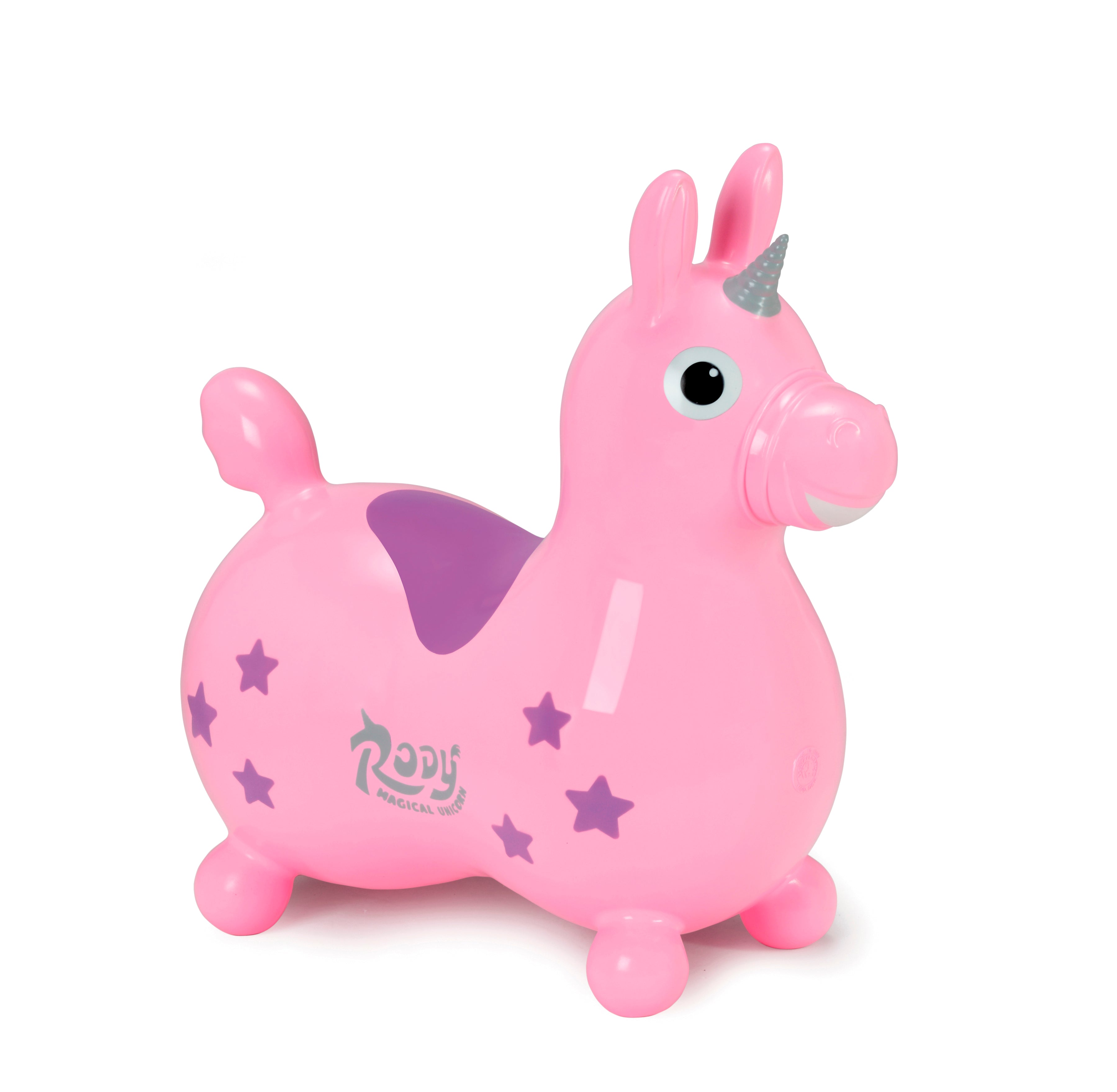 Transform your Rody Magical Unicorn bounce toy into a nice rocking toy thanks to the removable Rocking Base. In this way, you can increase its functions and extend the possibilities of use. The magical horn and the sparkling stars stimulate children’s imagination. The Magical Unicorn helps your child develop balance, movement skills and coordination. 