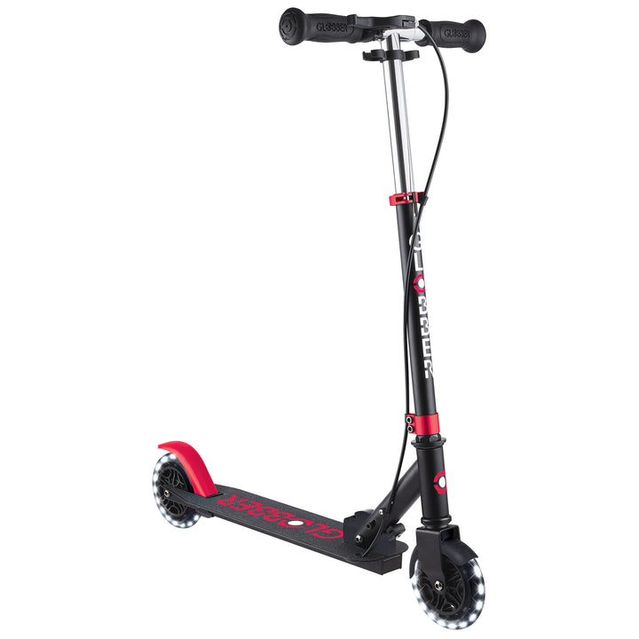 Flow Element Scooter with adjustable T-bar, metal deck, rear brake, and battery-free LED light-up wheels in red.
