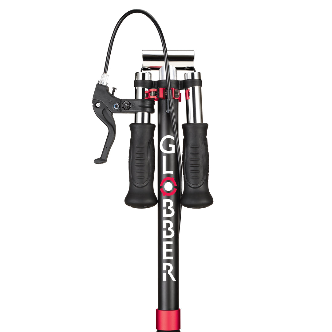 Folded Flow Element Scooter showing black metal frame, handbrake, and ergonomic handlebar grips on white background.