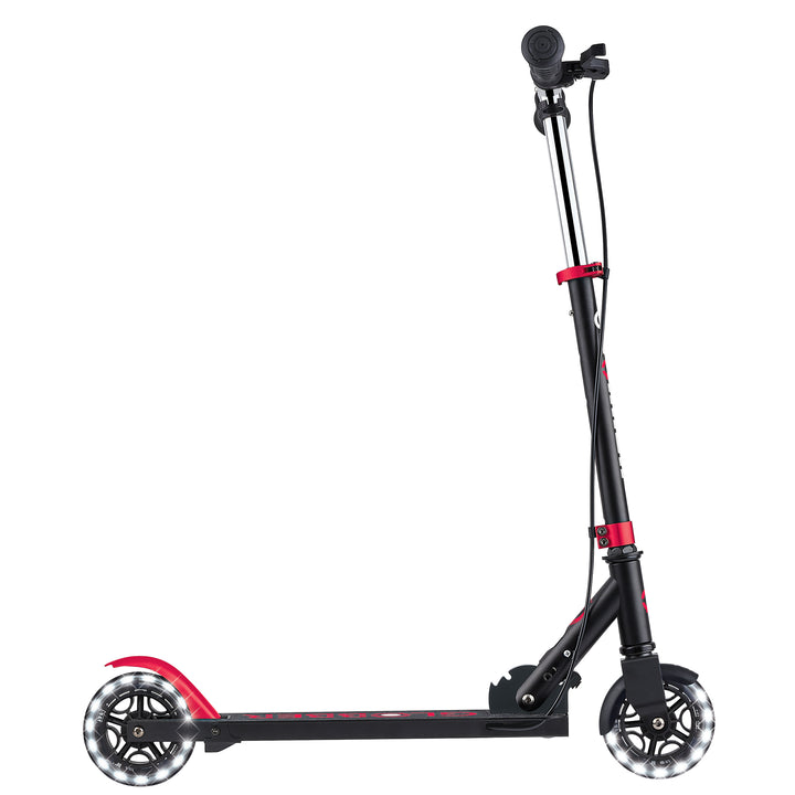 Flow Element Scooter in black and red with LED light-up wheels, foldable design, and adjustable T-bar for kids transitioning to two wheels.