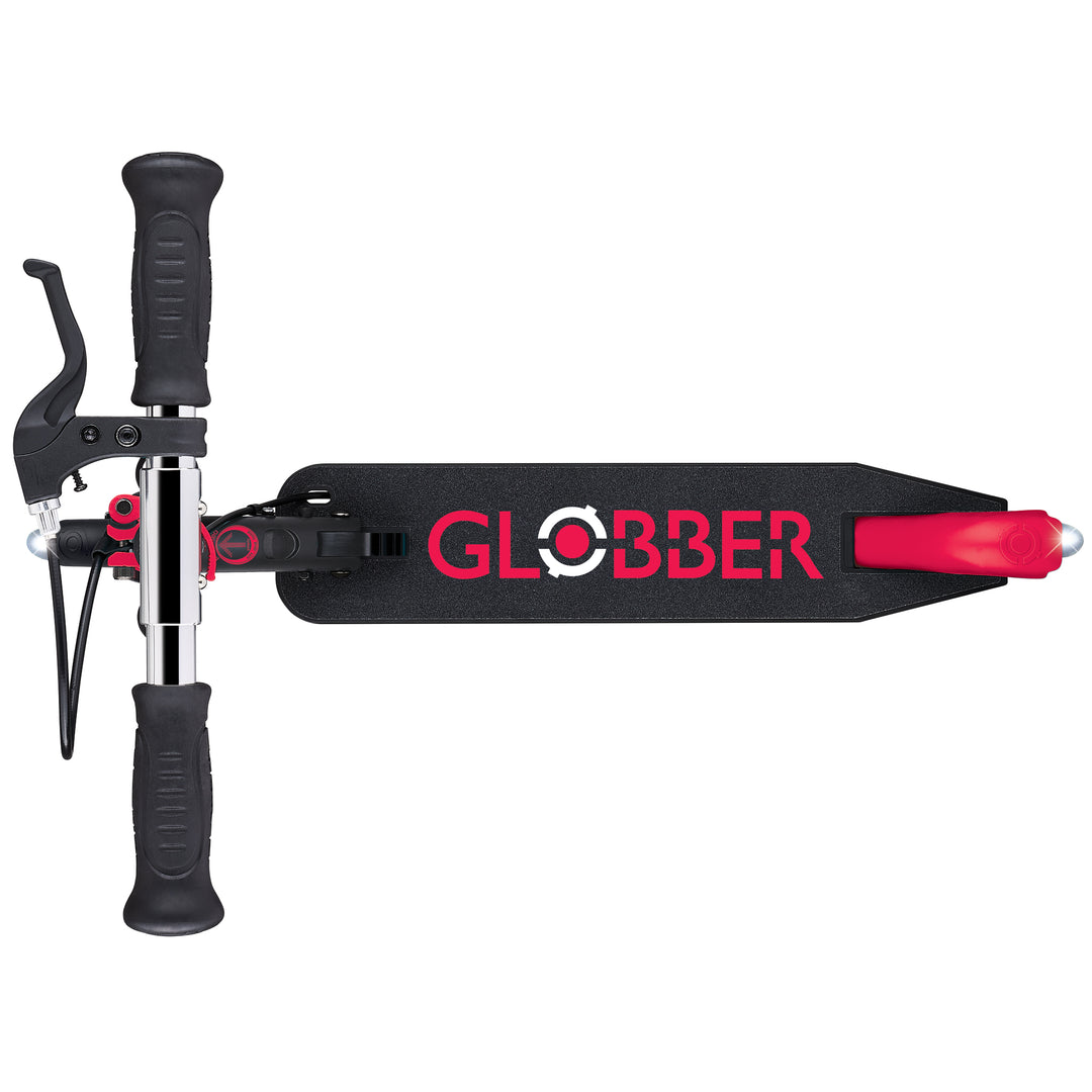 Top view of the Flow Element Scooter showing black deck with Globber logo and adjustable handlebars with brake.