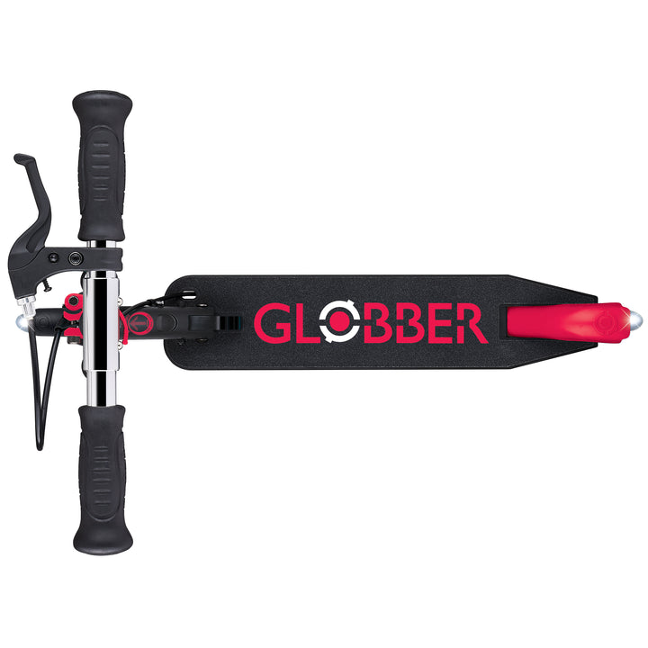 Top view of the Flow Element Scooter showing black deck with Globber logo and adjustable handlebars with brake.