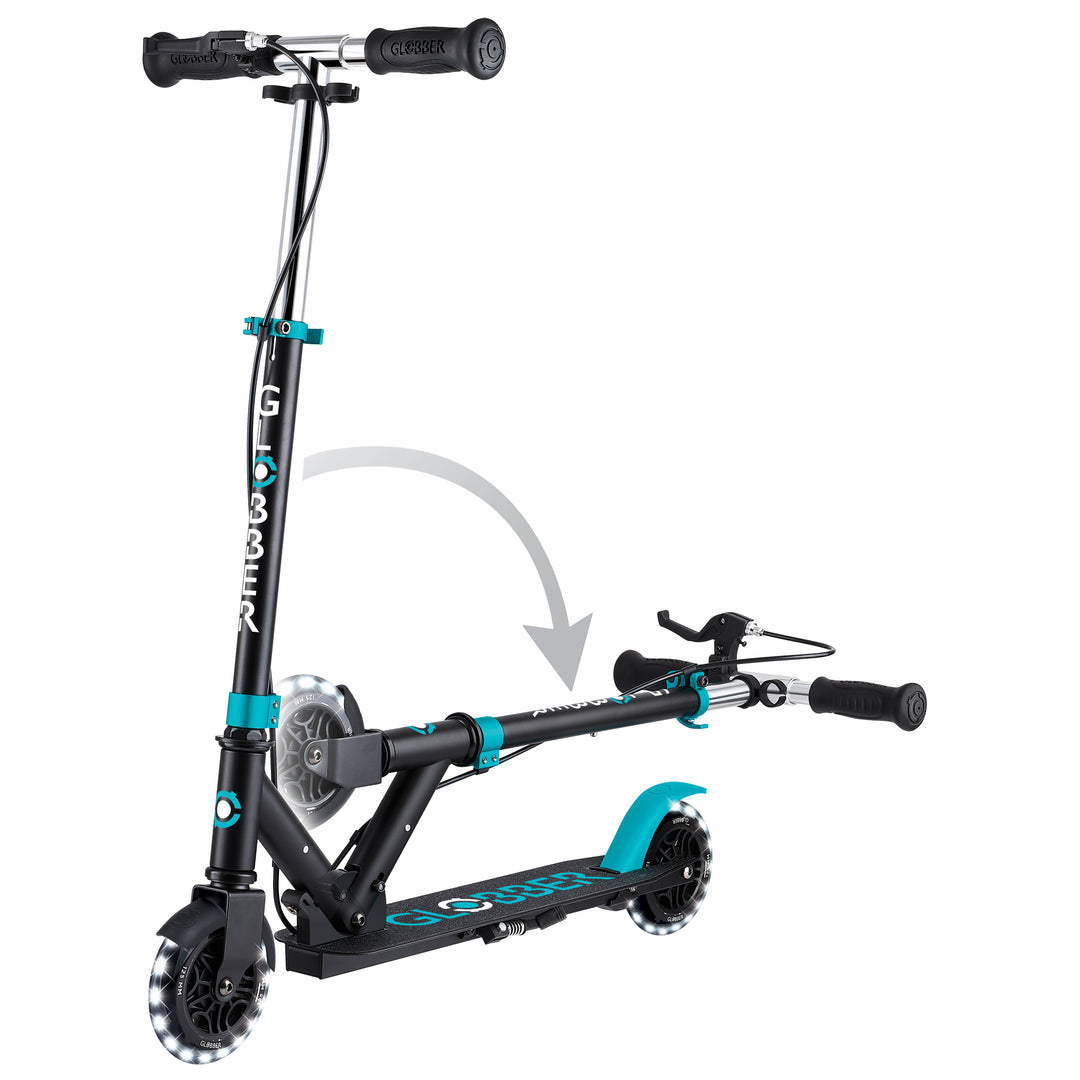 Flow Element Scooter in teal with folding system, LED light-up wheels, adjustable T-bar, and rear brake for kids transitioning to two wheels.