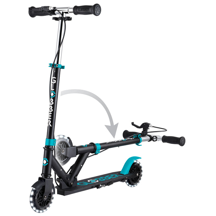 Flow Element Scooter in teal with folding system, LED light-up wheels, adjustable T-bar, and rear brake for kids transitioning to two wheels.