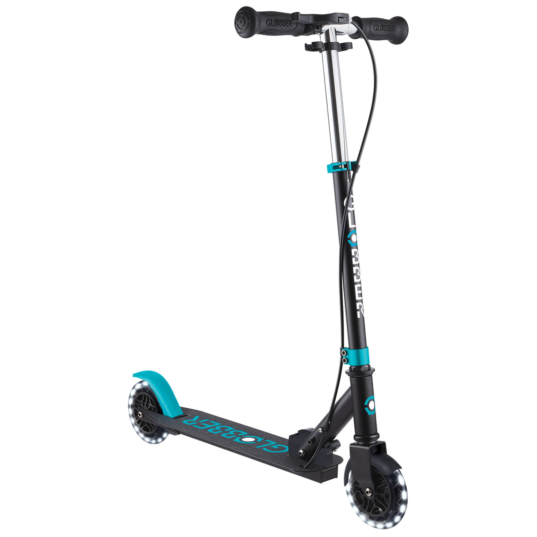 Flow Element Scooter in teal with LED light-up wheels, adjustable T-bar, metal deck, and rear brake for kids transitioning to two wheels.