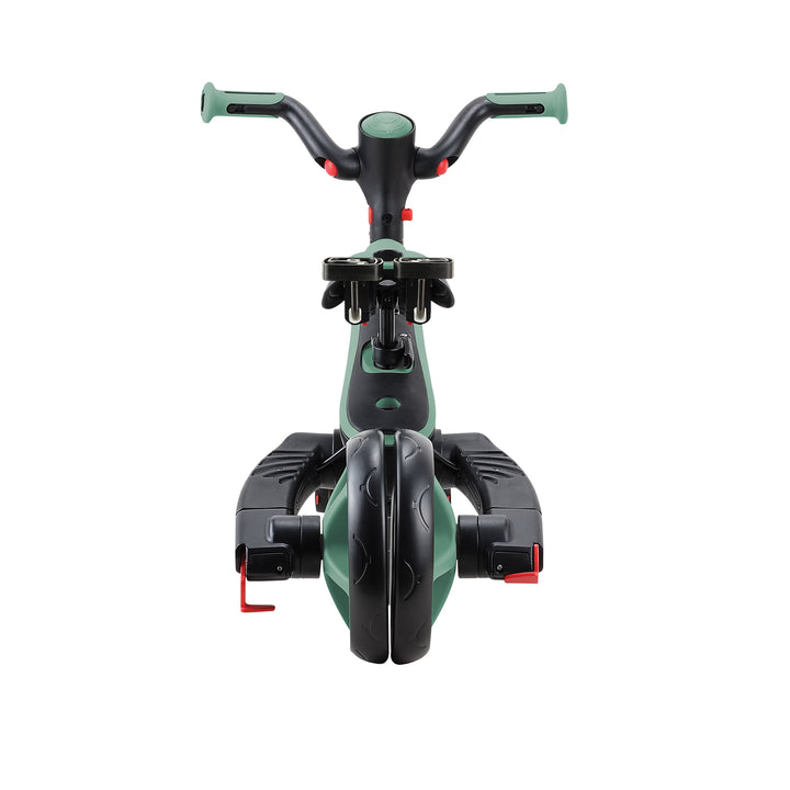 Explorer Trike Foldable 4-in-1 shown front view with foldable footrests and green handle grips on a white background.
