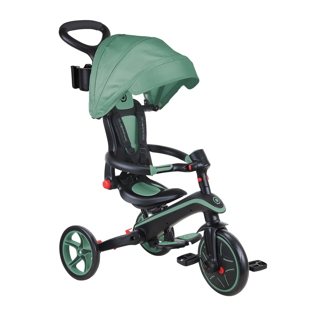 Explorer Trike Foldable 4-in-1 toddler tricycle with canopy, safety harness, foldable seat, and adjustable parent handle.