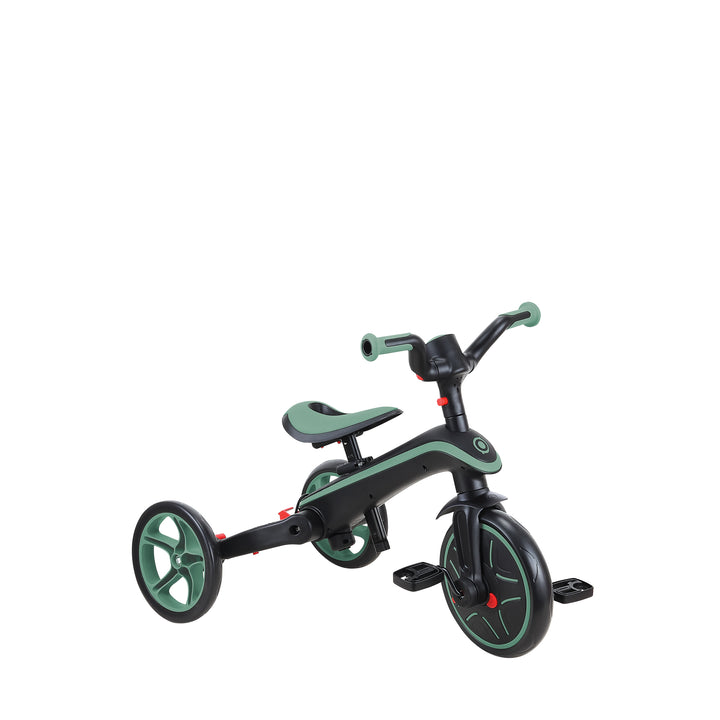 Explorer Trike Foldable 4-in-1 toddler tricycle in black and green with adjustable seat and handlebars.