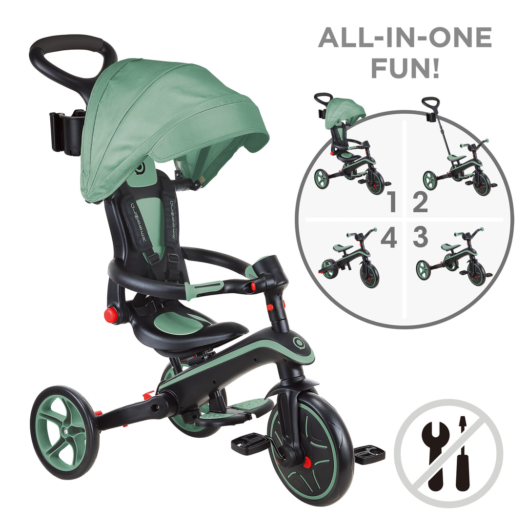 Explorer Trike Foldable 4-in-1 toddler tricycle with canopy, adjustable seat, and foldable design for kids 10 months to 5 years.
