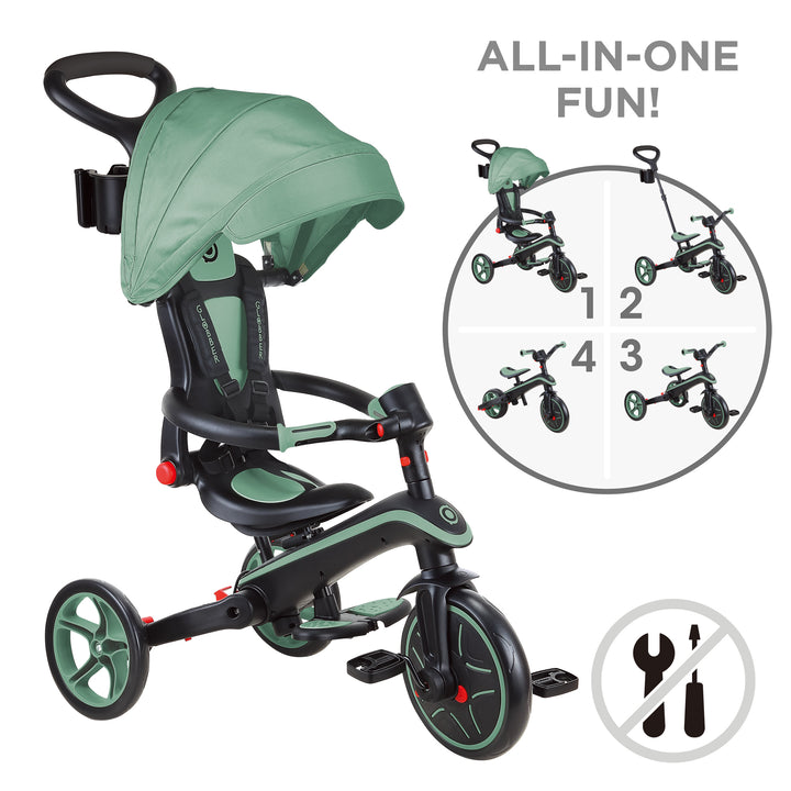 Explorer Trike Foldable 4-in-1 toddler tricycle with canopy, adjustable seat, and foldable design for kids 10 months to 5 years.