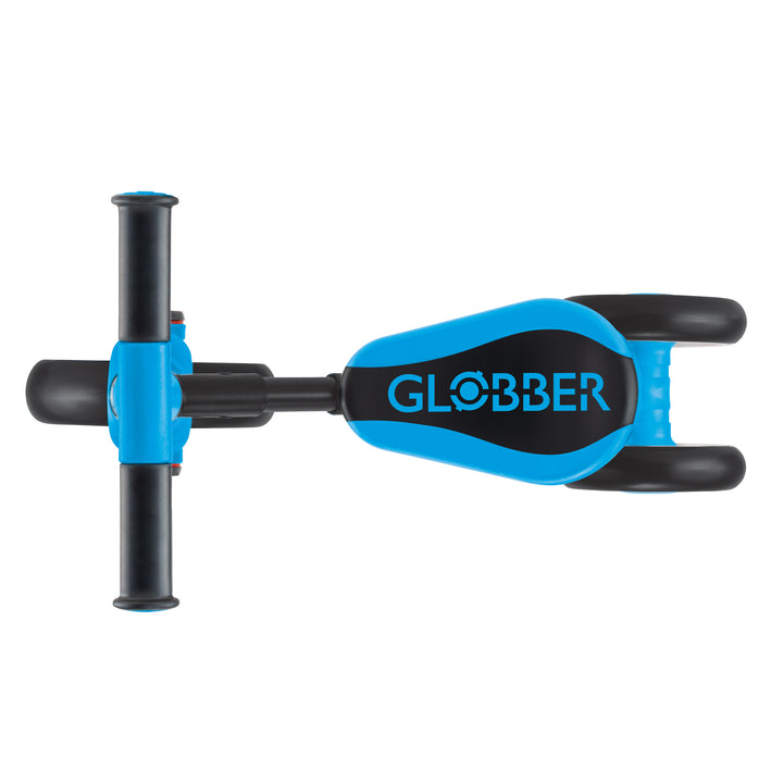 Top view of the blue Learning Trike 2-in-1 with ergonomic grips and sturdy metal frame for toddlers.