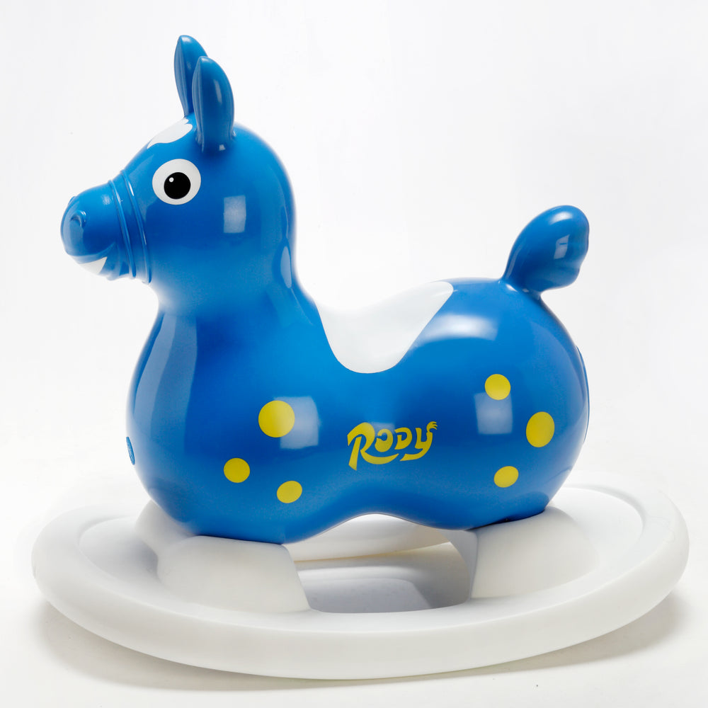 Rody Inflatable Bounce Horse With Rocking Base in blue with yellow spots and white rocking base for kids play.