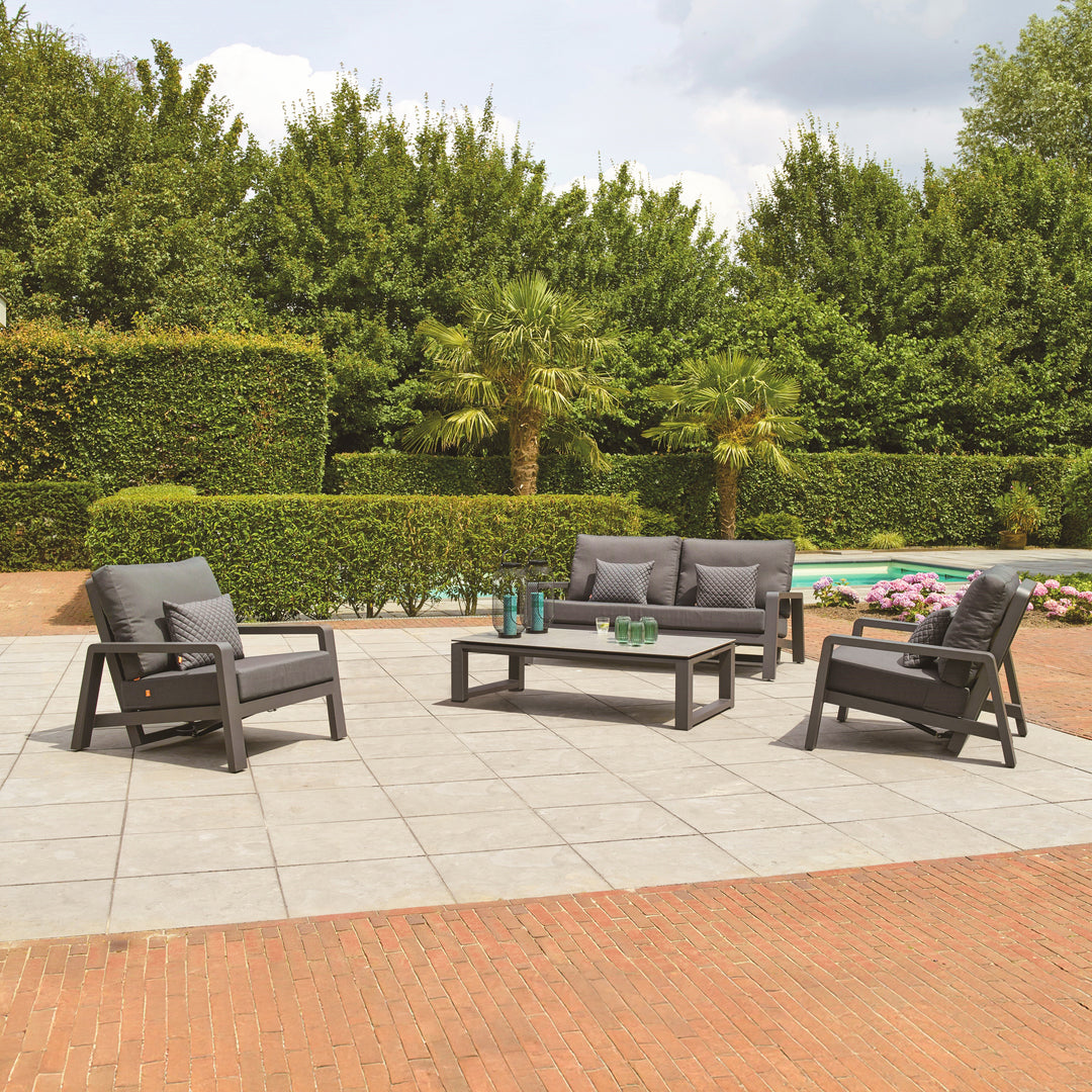 Boston Select Lounge Set with reclining loveseat, two lounge chairs, and coffee table on outdoor patio.