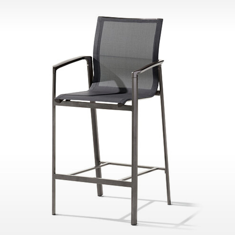 Bozen Bar Chairs - Set Of 4 aluminum stacking bar chairs with ergonomic grey Textilux® sling and iron grey armrests.