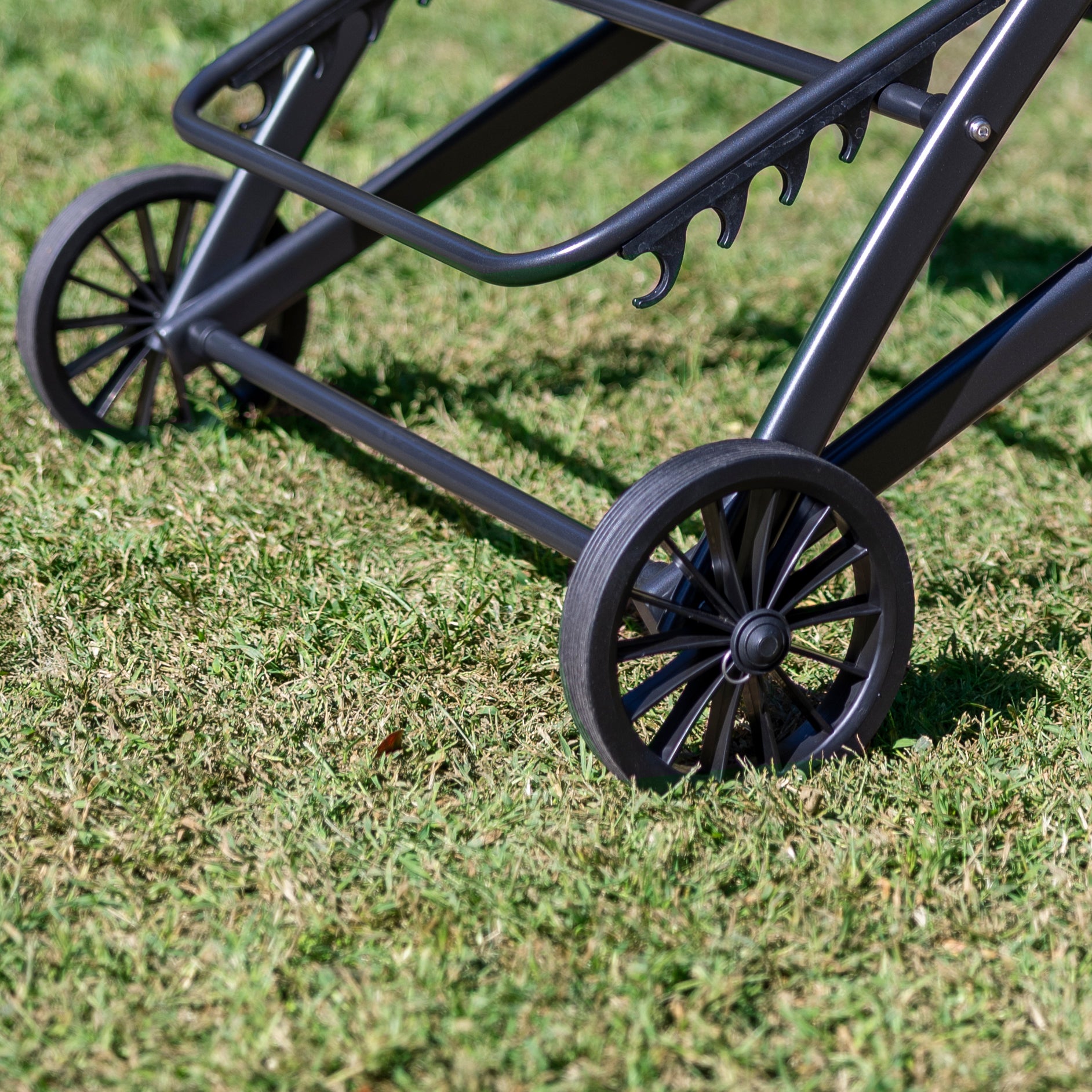 Closeup of Wheels on the Henley outdoor lounger.