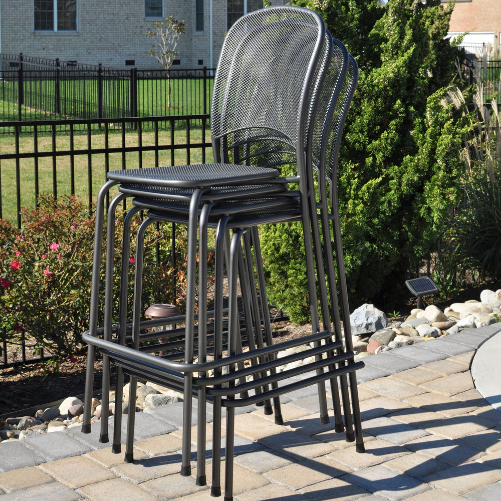 5-Piece Carlo Bar Set with stackable iron grey mesh bar chairs designed for outdoor comfort and durability.