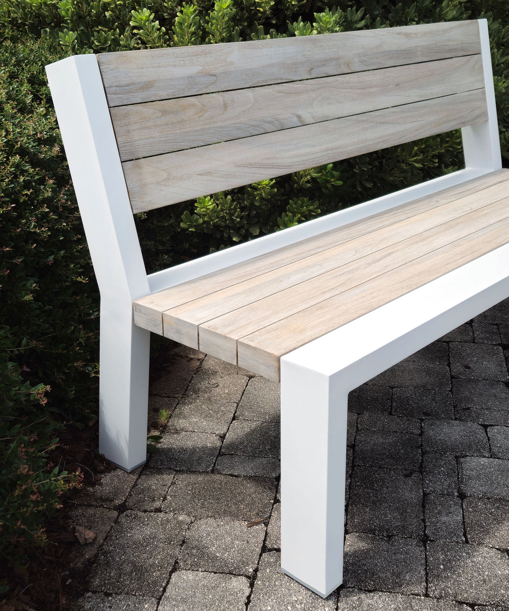 Java Robust Aluminum / Teak Benches with white powder-coated frame and grey teak slats for stylish outdoor seating.