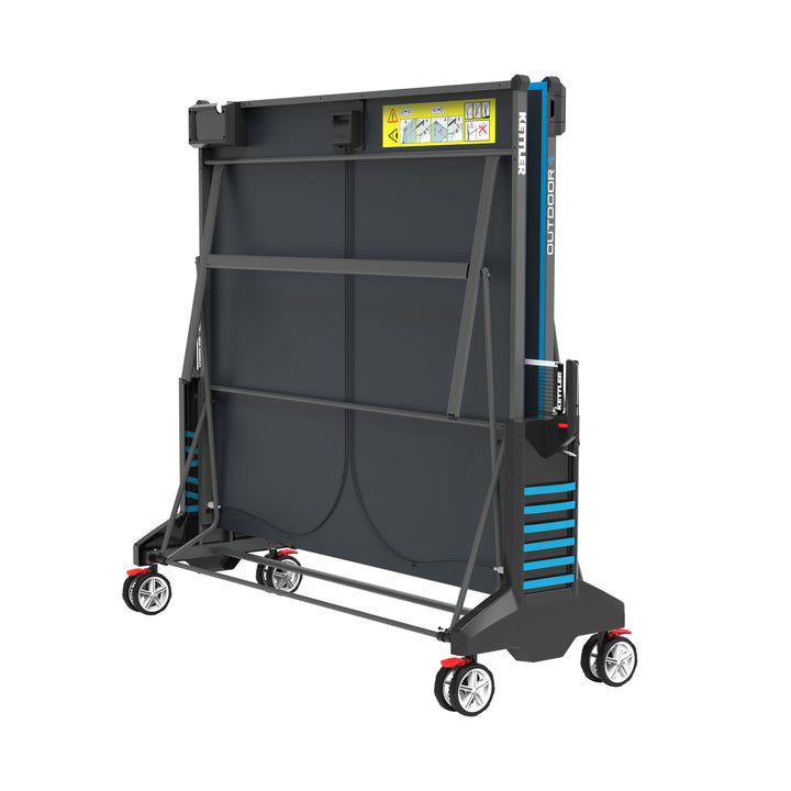 Outdoor 4 Table Tennis Table - 2-Player Bundle folded upright with wheels and locking mechanism visible.