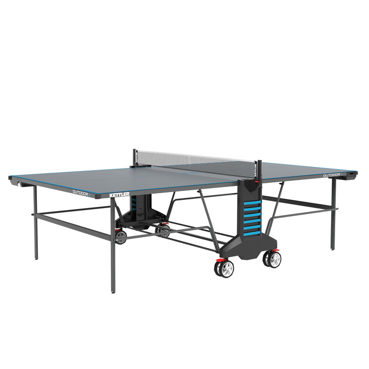 Outdoor 4 Table Tennis Table - 2-Player Bundle with weatherproof top, ball dispensers, permanent net, and easy transport wheels.