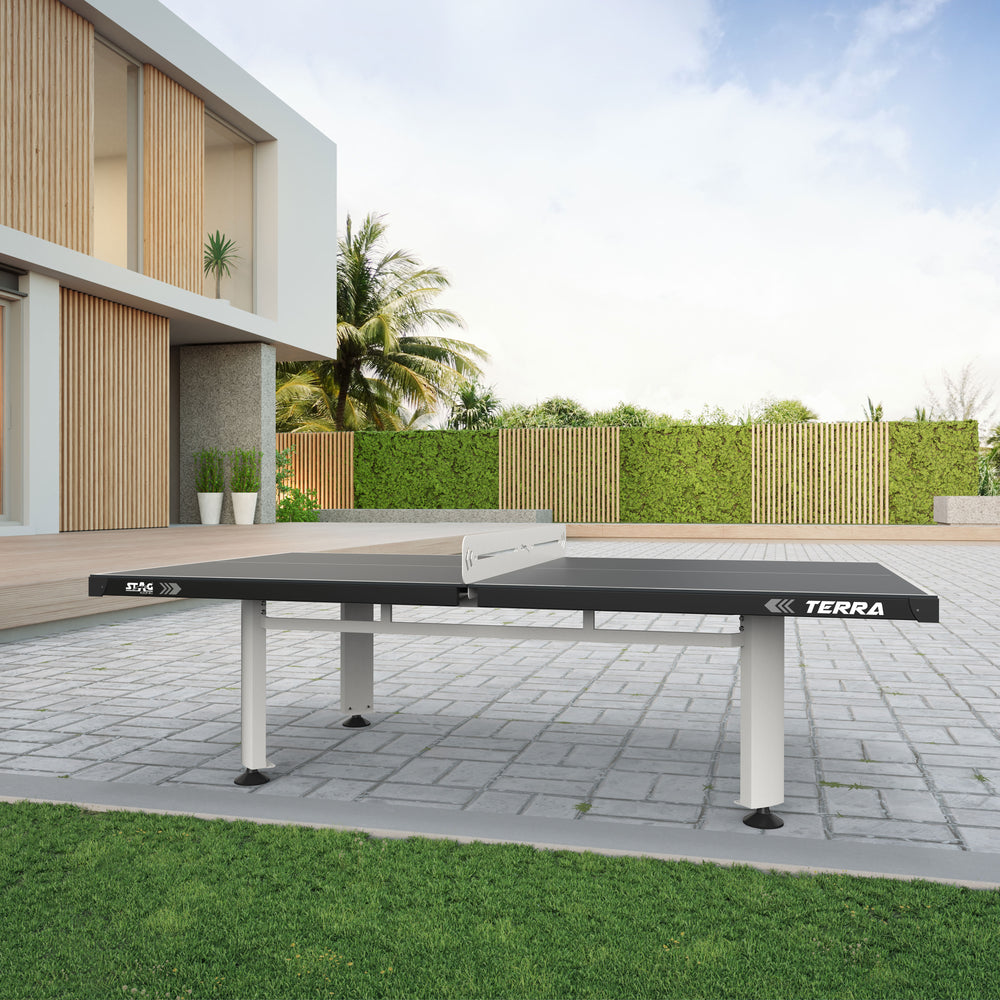 Terra Outdoor Stationary Table Tennis Table with weatherproof PRO-TEC8 top and durable steel frame for outdoor use.