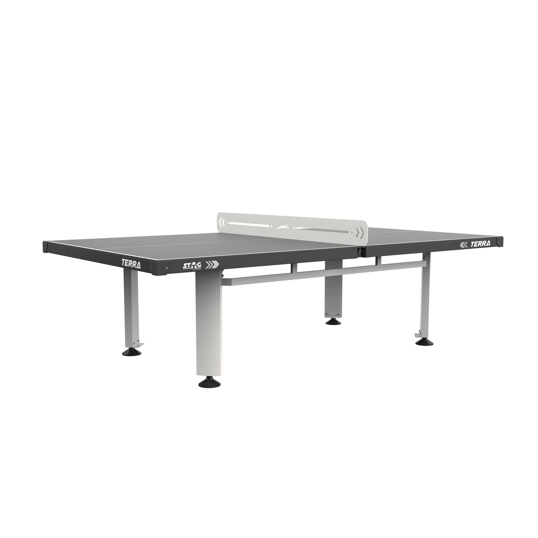 Terra Outdoor Stationary Table Tennis Table with weatherproof top, steel frame, and removable net for outdoor use.