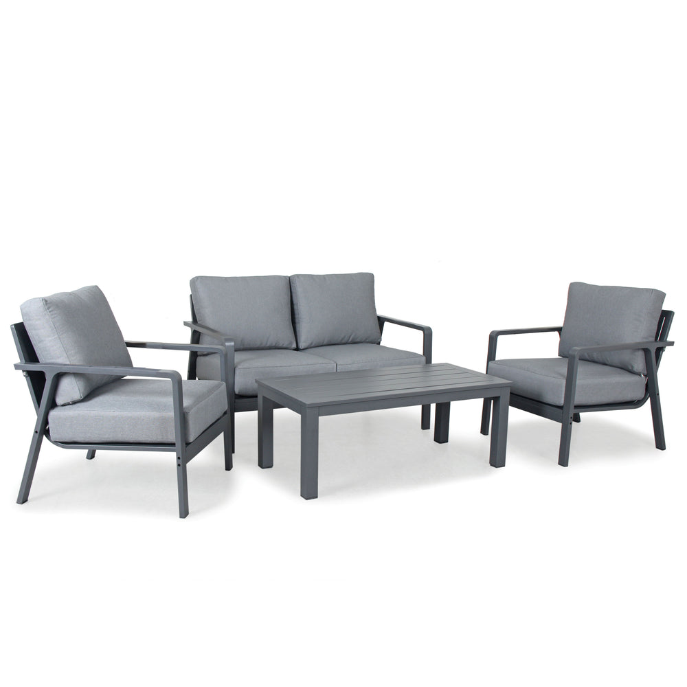 Paros Aluminum Lounge Set with charcoal powder-coated frame, cast slate cushions, loveseat, chairs, and coffee table.
