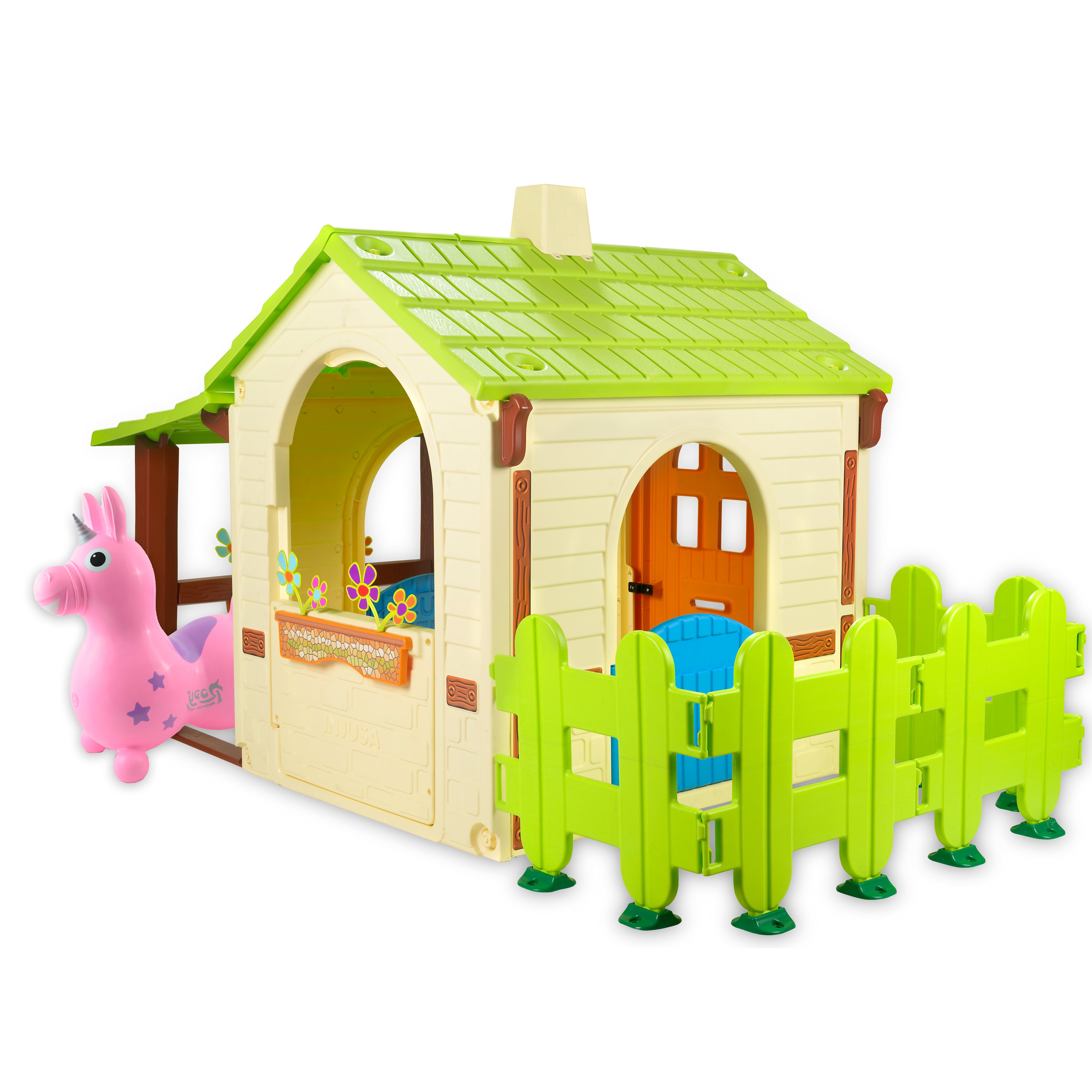 Studio image of the Country Playhouse with the Pink Rody Magical Unicorn.