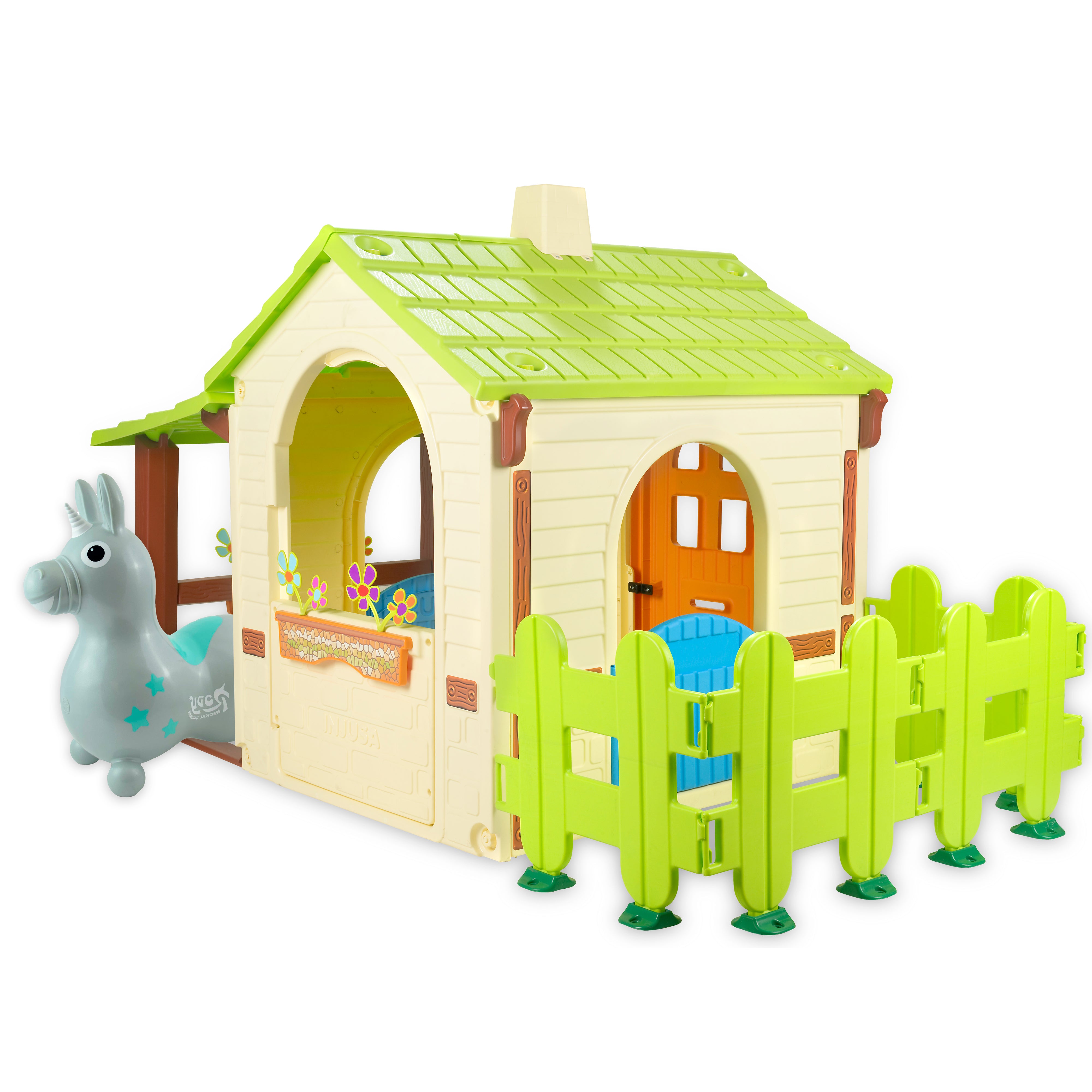 Studio image of the Country Playhouse with the Gray Rody Magical Unicorn.