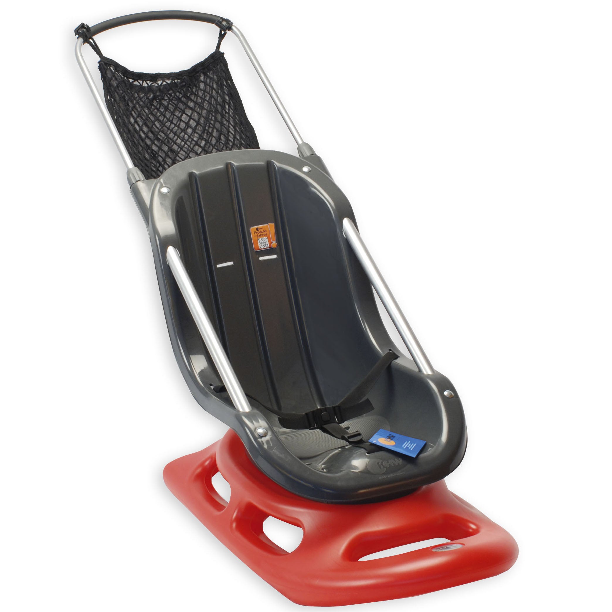 Snow stroller on sled for pushing baby or toddler in red