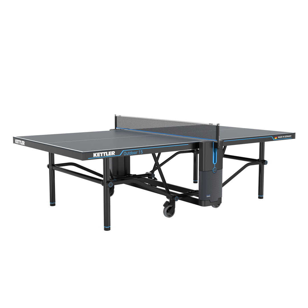 Outdoor 15 Table Tennis Table 4-Player Bundle with weatherproof top, centerfold safety, and storage compartments.