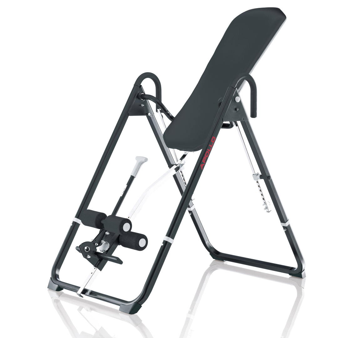 KETTLER Apollo Inversion Table with ergonomic padding, adjustable footplate, infinite recline, and folding storage design.
