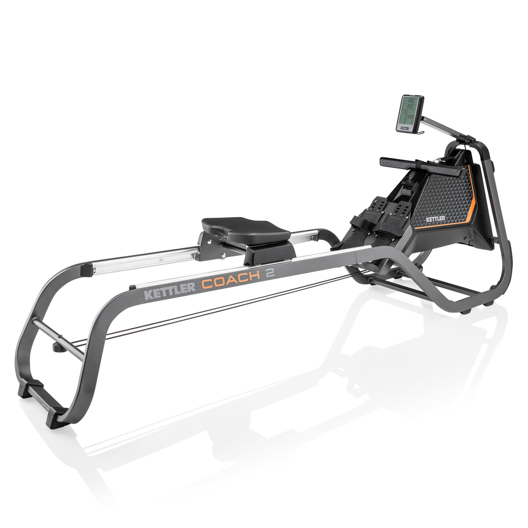 KETTLER Coach 2 Rower with smooth aluminum rails, LCD display, magnetic brake, and ergonomic racing-style footplate.
