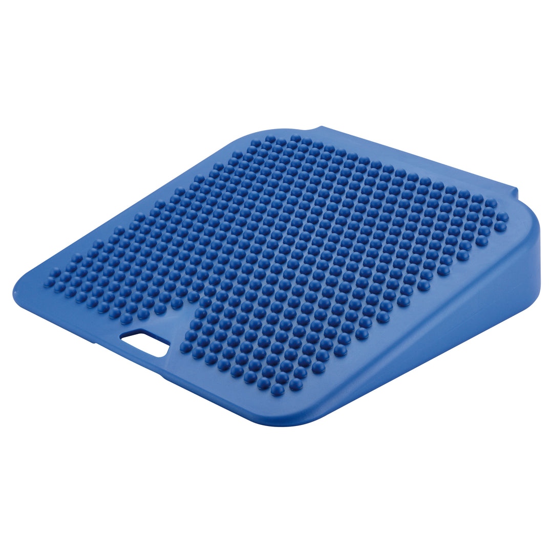 Gymnic Movin' Sit inflatable blue wedge cushion with bumpy surface supports posture and activates trunk muscles.