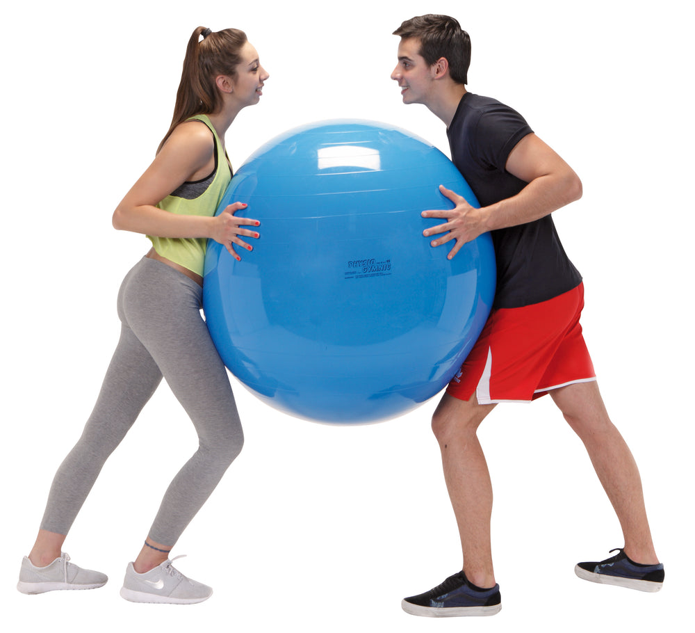 Two people holding a large blue Physio Gymnic Balls for group physiotherapy and motor skills exercises.