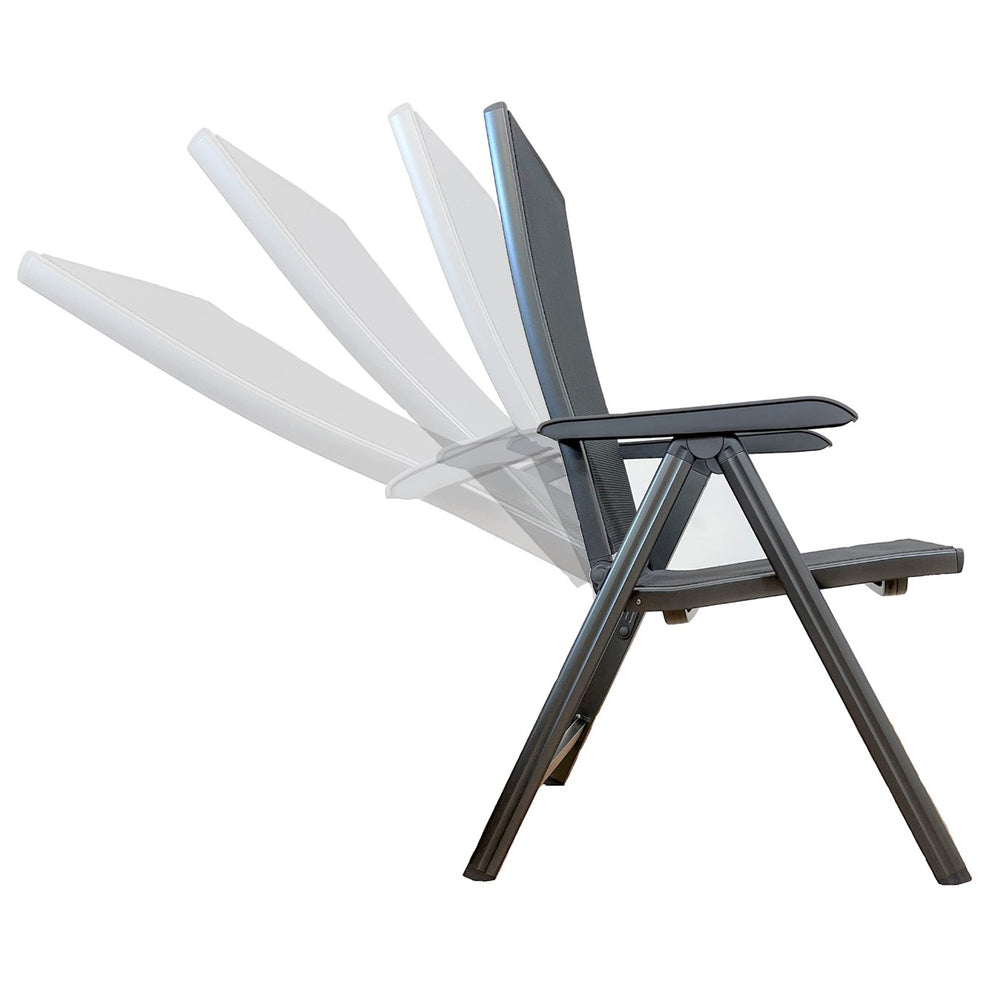 Basic Plus Multi Position Reclining Armchair in grey with adjustable backrest and folding lightweight aluminum frame.