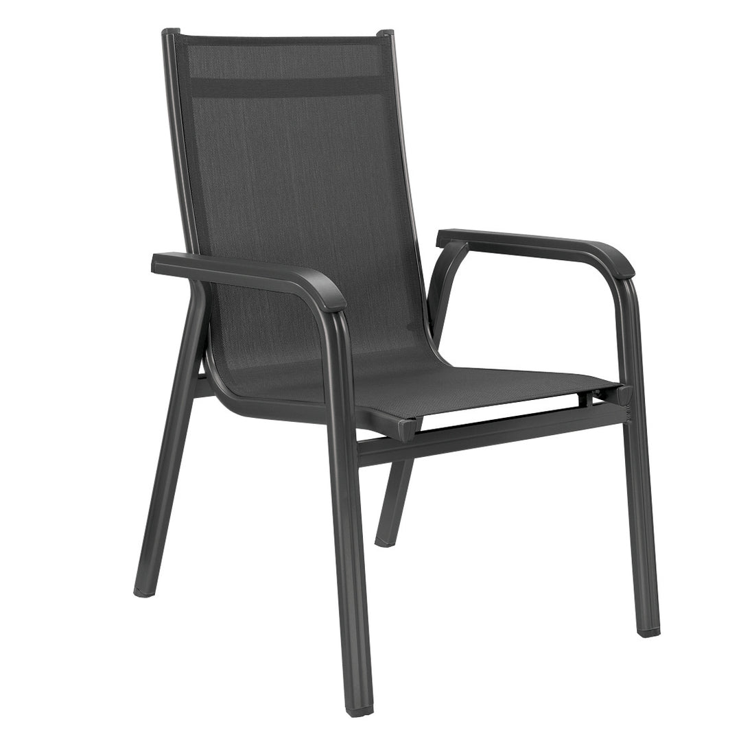 Basic Plus Stackable Arm Chair - Set Of 4 with anthracite aluminum frame and grey quick-drying Textilene sling seating.