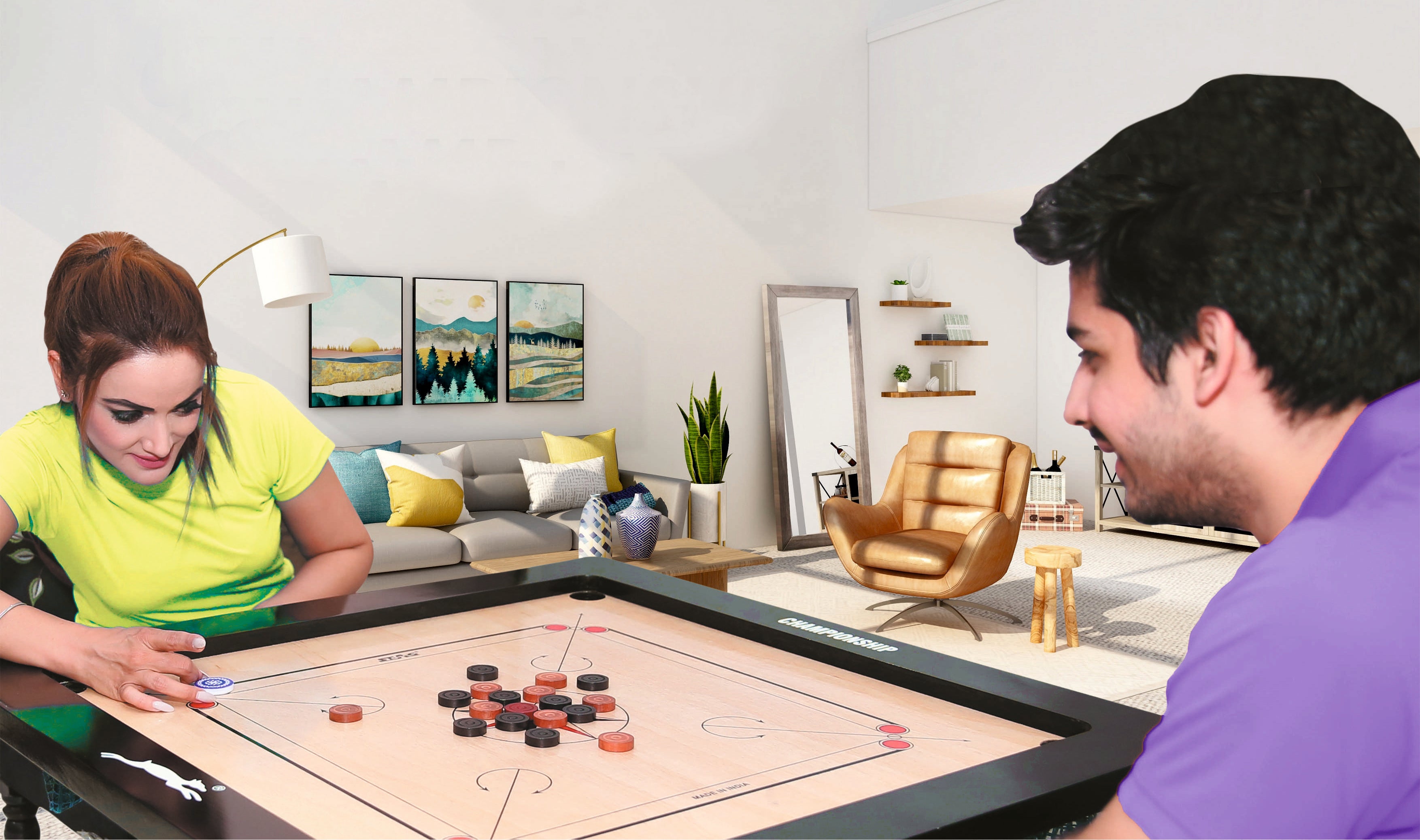 couple playing on the STAG Championship Carrom Board