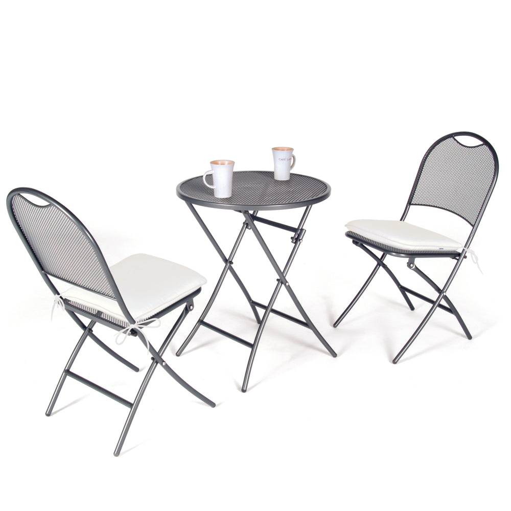Cafe Napoli Wrought Iron 3-Piece Bistro Set with folding table and chairs, steel mesh, iron grey, outdoor use.