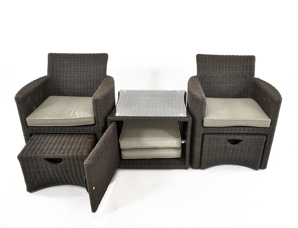 Cupido Wicker 2-Person Conversation Set With Cushions includes two chairs, ottomans, and glass-top side table.