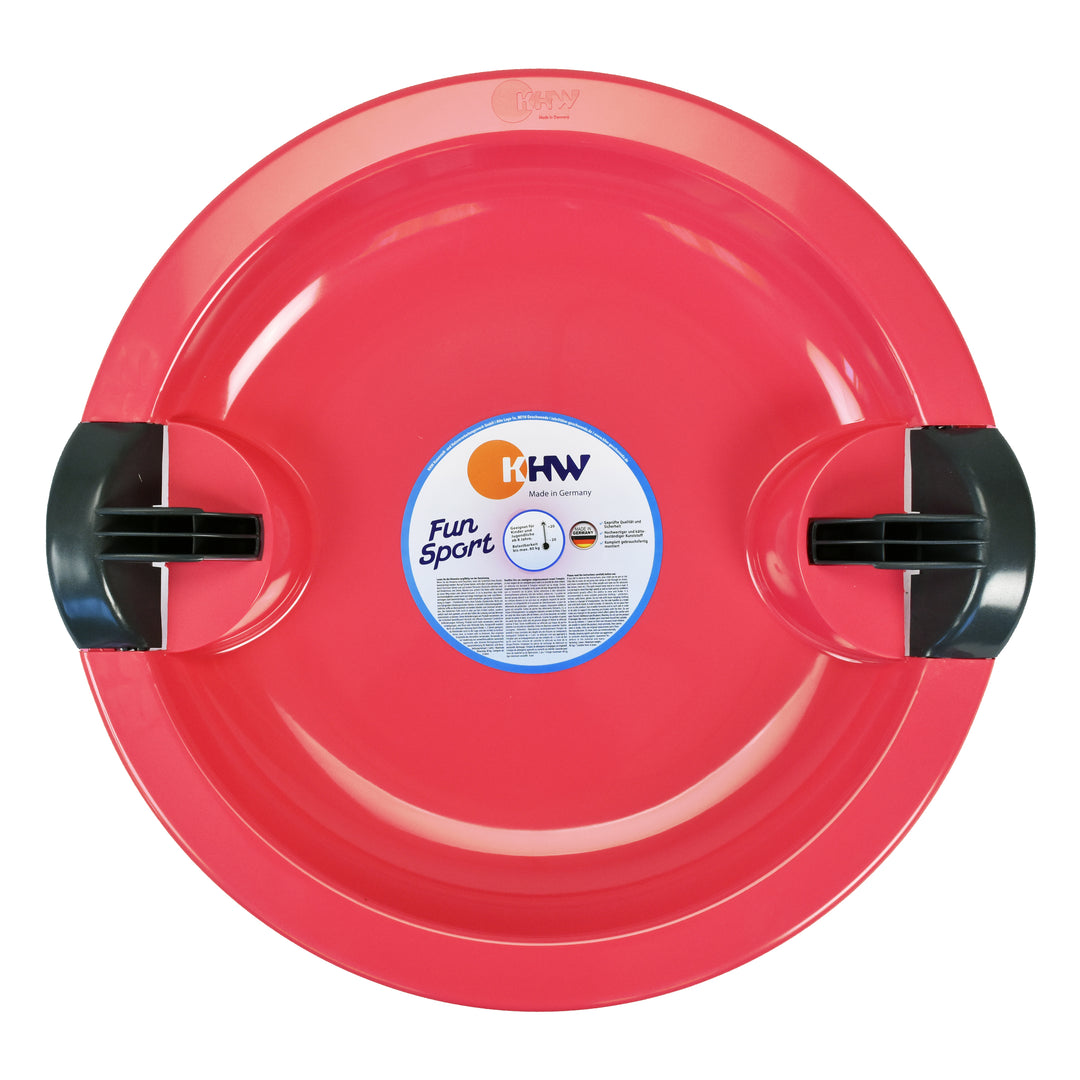 Red Fun UFO Sled with two black handles for steering and braking, made of durable high-density polyethylene.