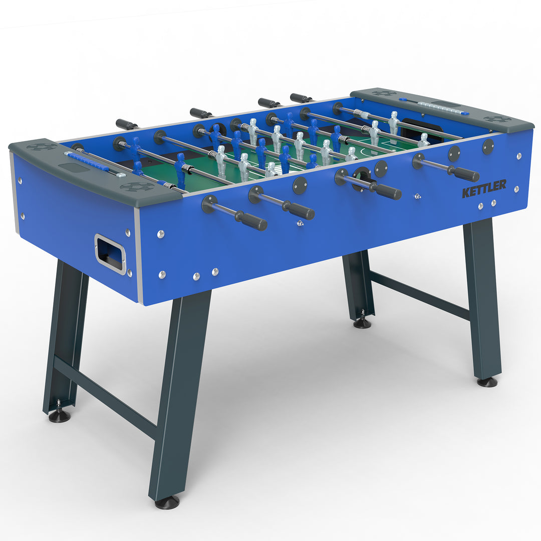 KETTLER Cavalier 2.0 Outdoor Foosball Table in Ultra Marine Blue with steel legs and telescopic rods.