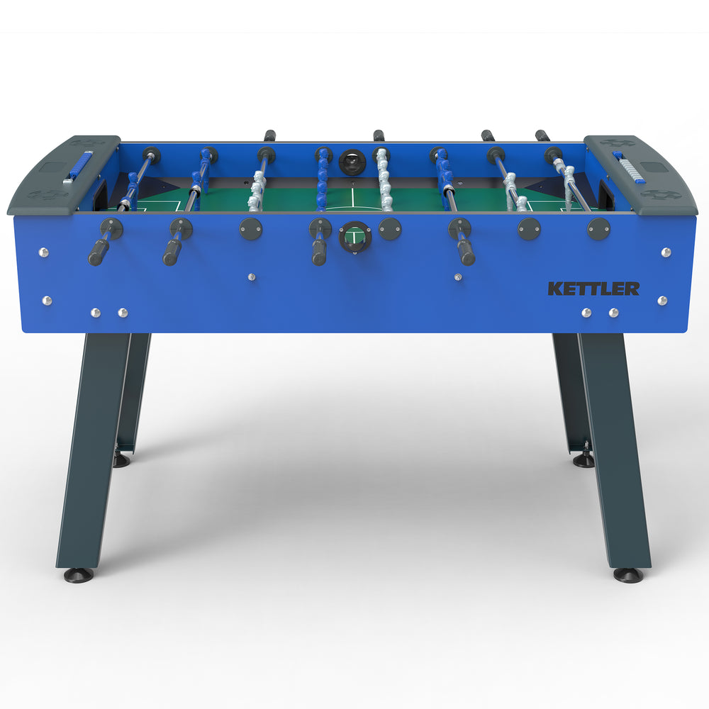 KETTLER Cavalier 2.0 Outdoor Foosball Table in blue with steel legs and weatherproof KETT-TEC playfield.