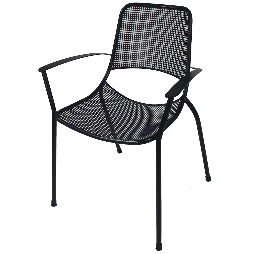 Metro Stacking Arm Chair - Set of 6 in iron grey with curved back, armrests, and weather-resistant steel mesh design.